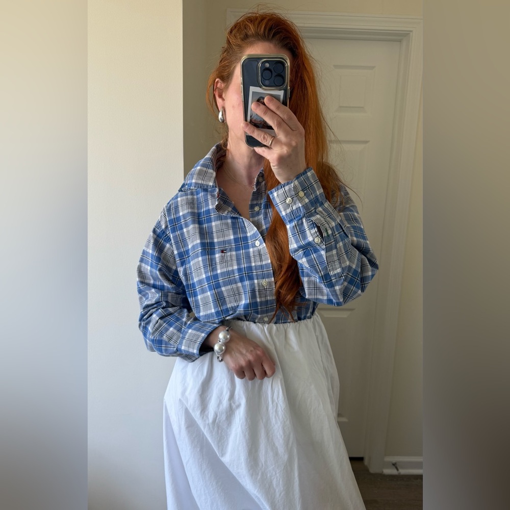 Tommy Hilfiger Oversized white blue  Button down boyfriend shirt men’s size L